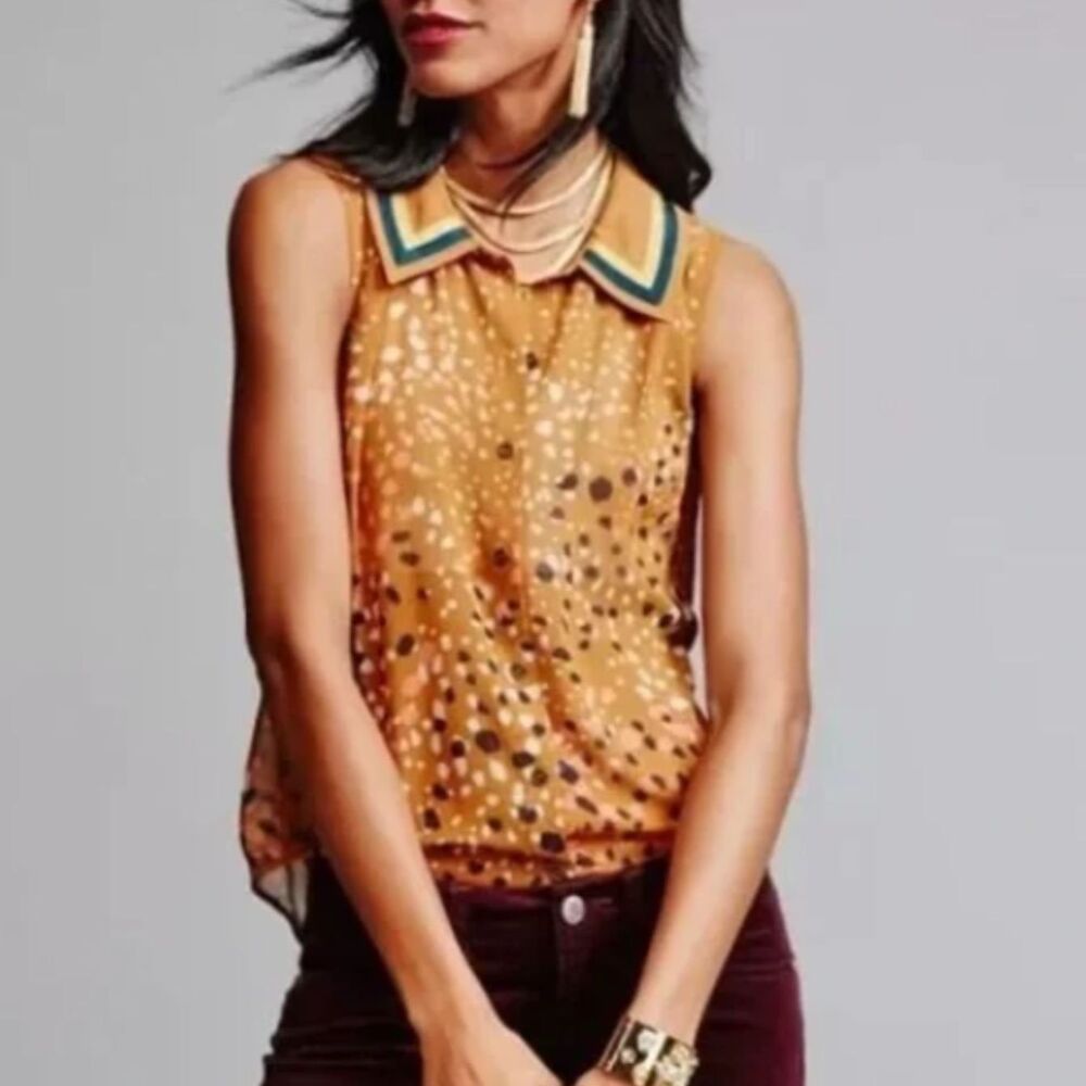 Cabi Cheers Button Up Sleeveless Pointed Collar Golden Brown Blouse Sz M